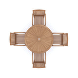 Conjunto de muebles de jardín de teca, mesa plegable redonda Sunshine de 120 cm, tablero de 4 cm (4 sillas apilables Henley), cojines incluidos.