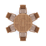 Conjunto de muebles de jardín de teca, mesa redonda Maximus de 150 cm y 6 sillas apilables Oxford, cojines incluidos.