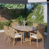 Teak Gartenmöbel 4cm Platte Rund bis Oval 120-170cm Ausziehbarer Tisch (6 Henley Stapelstühle) Inklusive Kissen.