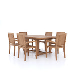 Teak garden furniture square to rectangular 120-170cm extending table 4cm top (6 Henley stacking chairs) including cushions.