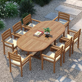 Teak 180-240cm Oval Extending Table 4cm Top with 8 Marlow Stacking Chairs – Teak Garden Dining Set