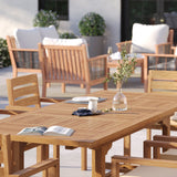 Tavolo rettangolare allungabile in teak da 180-240 cm con piano da 4 cm e 8 sedie impilabili Marlow.