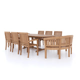 Teak garden furniture 180-240cm extending table 4cm top (6 Henley stacking chairs 2 San Francisco benches) Including cushions.