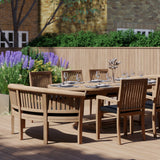 Teak garden furniture 180-240cm extending table 4cm top (6 Henley stacking chairs 2 San Francisco benches) Including cushions.