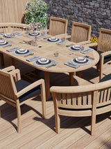 Teak garden furniture 180-240cm extending table 4cm top (6 Henley stacking chairs 2 San Francisco benches) Including cushions.