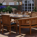 Teak garden furniture 180-240cm extending table 4cm top (6 Henley stacking chairs 2 San Francisco benches) Including cushions.