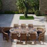 Teak garden furniture 180-240cm extending table 4cm top (6 Oxford stacking chairs 2 San Francisco benches) Including cushions.