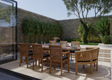 Teak garden furniture 180-240cm extending table 4cm top (6 Oxford stacking chairs 2 San Francisco benches) Including cushions.