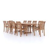 Mobiliario de jardín de teca Mesa extensible ovalada de 200-300 cm con 10 sillas apilables Oxford, cojines incluidos.