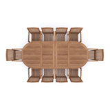 Teak Gartenmöbel 2-3m Ovaler Ausziehtisch mit 4cm Platte (10 Henley Stapelstühle) Inklusive Kissen.