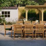 Conjunto de muebles de jardín de teca, mesa extensible rectangular de 200-300 cm con tablero de 4 cm (10 sillas apilables Henley) con cojines incluidos.