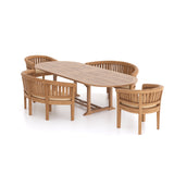 Conjunto de muebles de jardín de teca, mesa extensible ovalada de 2-3 mm, tablero de 4 cm (2 sillas San Francisco, 2 bancos) con cojines incluidos.