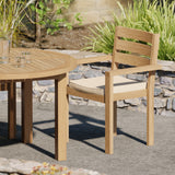 Juego de mesa fija redonda Maximus de teca de 120 cm, tablero de 4 cm (4 sillas apilables Marlow), cojines incluidos.
