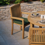 Juego de mesa fija redonda Maximus de teca de 120 cm, tablero de 4 cm (4 sillas apilables Henley), cojines incluidos.