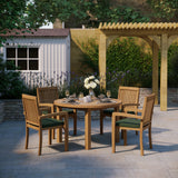 Juego de mesa fija redonda Maximus de teca de 120 cm, tablero de 4 cm (4 sillas apilables Henley), cojines incluidos.