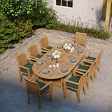 Teak garden furniture oval 180-240cm extendable table (8 x Oxford stacking chairs) including cushions.