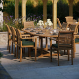 Teak garden furniture oval 180-240cm extendable table (8 x Oxford stacking chairs) including cushions.
