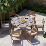 Mesa redonda Luxor de 150 cm, tablero de 4 cm (6 sillas apilables Marlow), cojines incluidos.