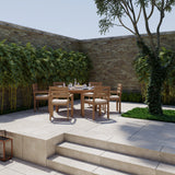 Mesa redonda Luxor de 150 cm, tablero de 4 cm (6 sillas apilables Marlow), cojines incluidos.