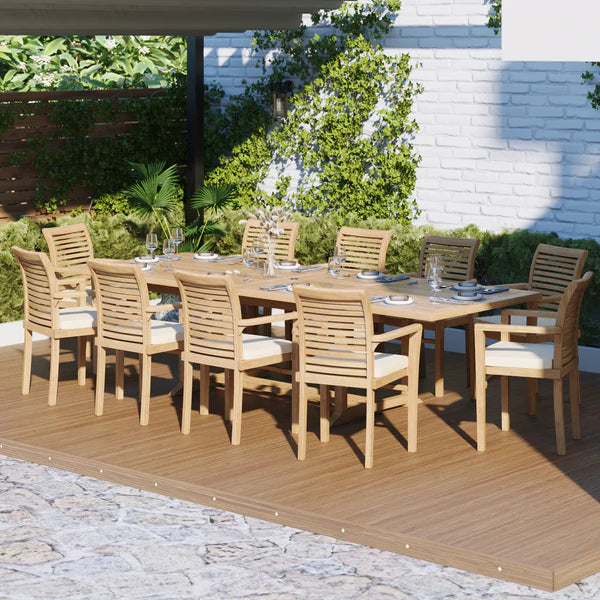 Teak garden furniture set 200 300cm extendable rectangular table 10 Oxford stacking chairs including cushions