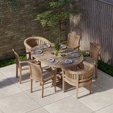 Teak garden furniture round to oval 120-170cm extending table (4 stackable chairs 2 San Francisco chairs) including cushions.