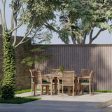 Conjunto de muebles de jardín de teca, mesa redonda Maximus de 150 cm y 6 sillas apilables Oxford, cojines incluidos.