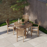 Teak garden furniture set 120cm spiral round folding table, 4 x Oxford stacking chairs and cushions