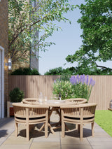 Conjunto de muebles de jardín de teca mesa plegable redonda de 120 cm Sunshine 4 sillas San Francisco de teca, cojines incluidos.