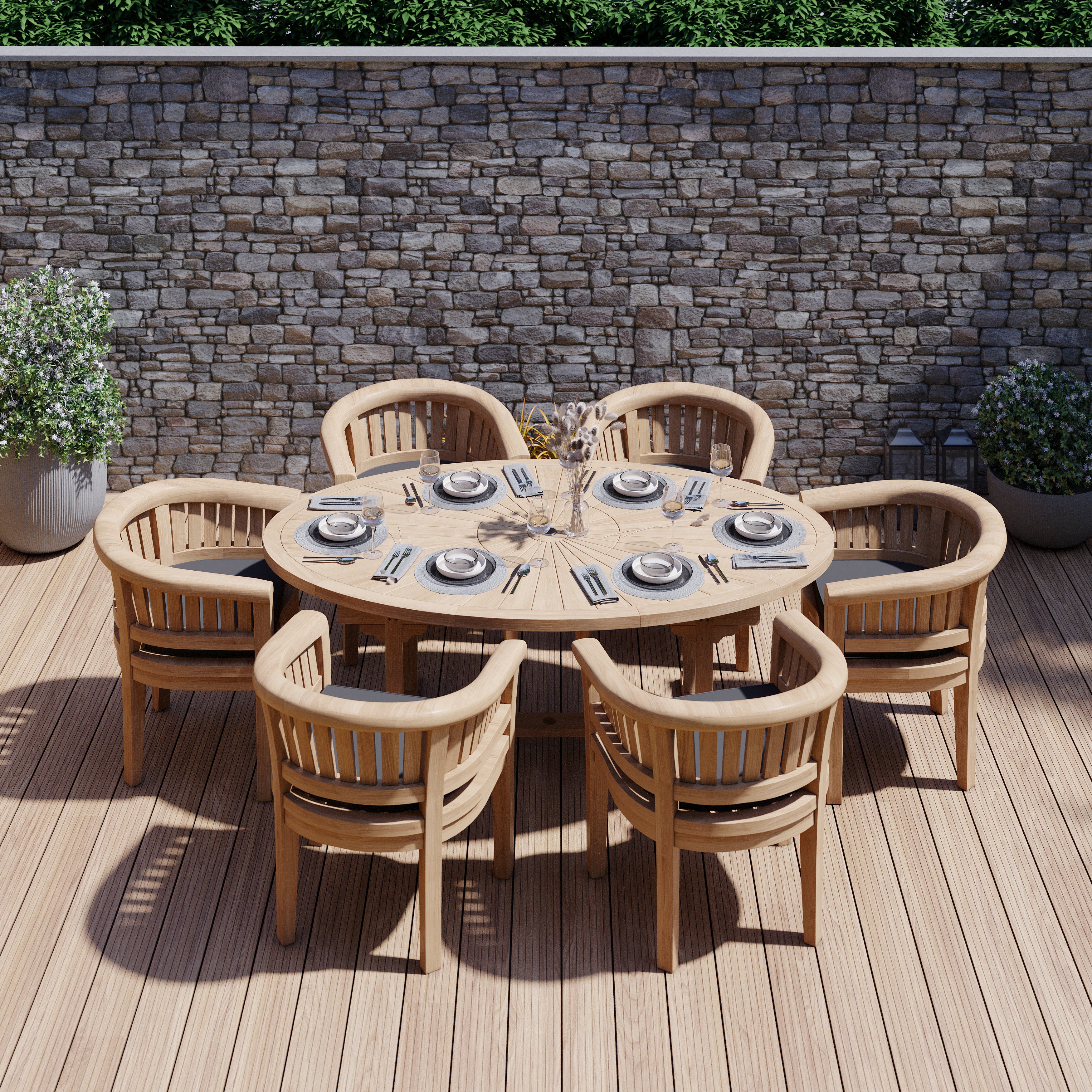 Conjunto de muebles de jardín de teca 120 -170cm mesa redonda a ovalada 4  sillas San Francisco fabricadas en teca, cojines incluidos.