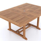 Teak garden furniture square to rectangular 120-170cm extending table 4cm top (6 Henley stacking chairs) including cushions.