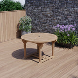 Table coulissante ronde à ovale avec double feuille de teck, plaque de 4cm, 120cm-170cm
