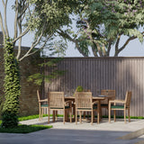 Teak garden furniture square to rectangular 120-170cm extending table 4cm top (6 Henley stacking chairs) including cushions.