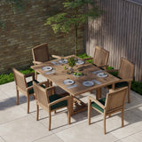 Teak garden furniture square to rectangular 120-170cm extending table 4cm top (6 Henley stacking chairs) including cushions.