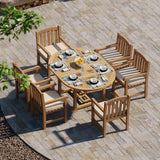 Mesa extensible de teca redonda a ovalada de 120 a 170 cm, tablero de 4 cm con 6 sillas Warwick, cojines gratis.