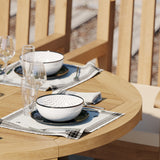 Mesa extensible de teca redonda a ovalada de 120 a 170 cm, tablero de 4 cm con 6 sillas Warwick, cojines gratis.