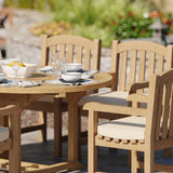 Mesa extensible de teca redonda a ovalada de 120 a 170 cm, tablero de 4 cm con 6 sillas Warwick, cojines gratis.