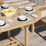 Mesa extensible de teca redonda a ovalada de 120 a 170 cm, tablero de 4 cm con 6 sillas Warwick, cojines gratis.