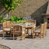 Mesa extensible de teca redonda a ovalada de 120 a 170 cm, tablero de 4 cm con 6 sillas Warwick, cojines gratis.