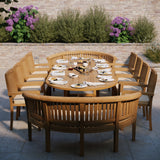 Teak 2-3m Oval Extending Table 4cm Top (8 Henley Stacking Chairs 2 San Francisco Benches) Free Cushions.