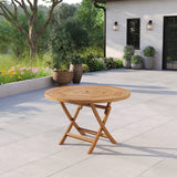 Teak garden furniture set: 120cm spiral round folding table, 4 x Oxford stacking chairs and cushions