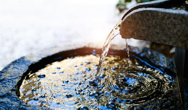 Stone spout pouring water into a round basin with rippling reflections, surrounded by natural textures
