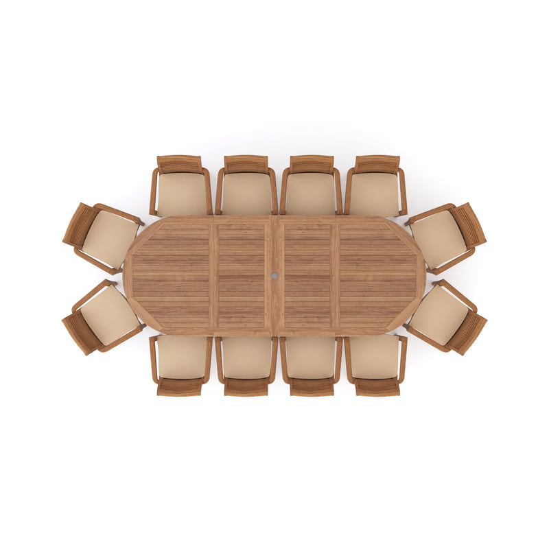 Giant Teak Oval Set 2-3m Extending Table with 12 Oxford Stacking Chairs