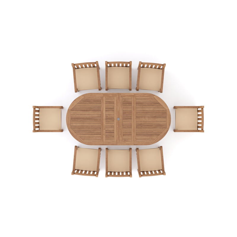 Teak 180-240cm Oval Extending Table, 4cm Top with 8 Warwick Chairs, Free Cushions.
