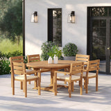 Teak Round-to-Oval 120–170cm Extending Table with 6 Marlow Stacking Chairs – Teak Garden Dining Set