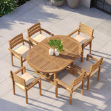 Teak Round-to-Oval 120–170cm Extending Table with 6 Marlow Stacking Chairs – Teak Garden Dining Set