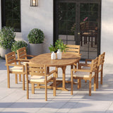 Teak Round-to-Oval 120–170cm Extending Table with 6 Marlow Stacking Chairs – Teak Garden Dining Set