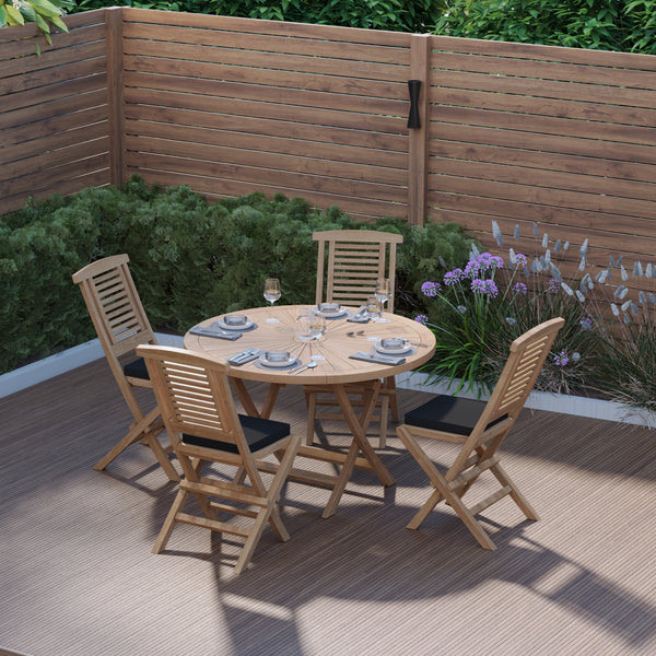 Teak garden furniture set 120cm Sunshine folding table (4 folding chairs) including cushions.