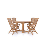 Teak tuinmeubelen rond tot ovaal 120-170cm uittrekbare tafel 4cm bord (4 opvouwbare Hampton stoelen) inclusief kussens.