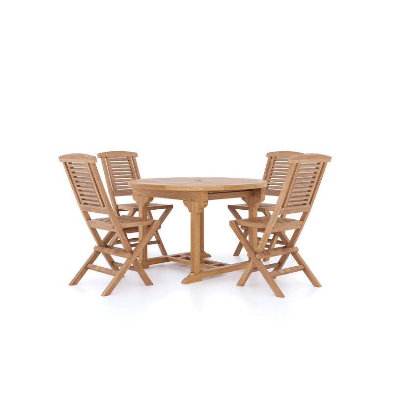 Teak Gartenmöbel Rund bis Oval 120-170cm Ausziehtisch 4cm Platte (4 klappbare Hampton Stühle) inklusive Kissen.