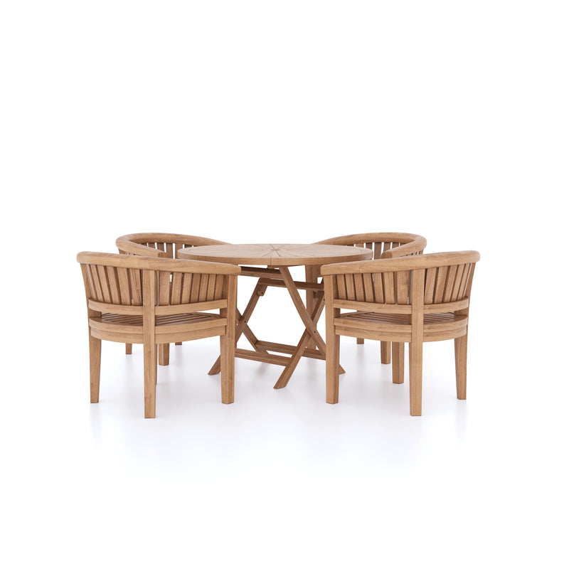 Conjunto de muebles de jardín de teca mesa plegable redonda de 120 cm Sunshine 4 sillas San Francisco de teca, cojines incluidos.